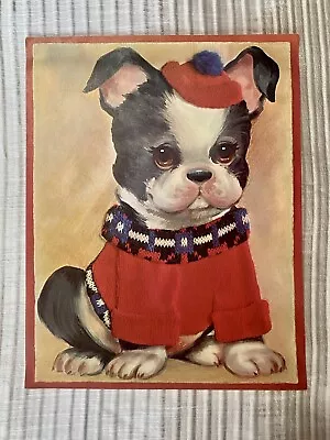 Vintage Boston Terrier Puppy In Red Sweater And Beret Print 11  X 14  EUC! • $12.99