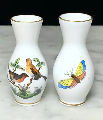 Herend Hungary Rothschild 2.5  Bird & Butterfly Miniature Vases Lot Of 2 • $46