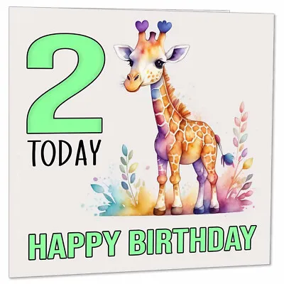 2nd Birthday Card Kids Childrens 2 Years Old Watercolour Giraffe 145 X 145mm • £2.99
