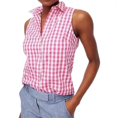 J. CREW Pink Gingham Sleeveless Shirt Women’s SIZE XS Stretch Button Front • $13.48