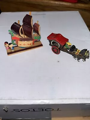 Vintage HORSE CARRIAGE CART & KOKESHI SHIP Miniature Wood Toys Japan • $24