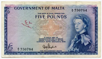 Malta L 1949 (1961) Issue Queen Elizabeth Ii 5 Pounds Rare Note Crisp Vf. • $155