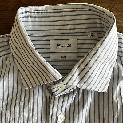 £120 Faconnable Mens (15.5 )  Mens White & Blue Textured Stripe Dress Shirt A3 • £55