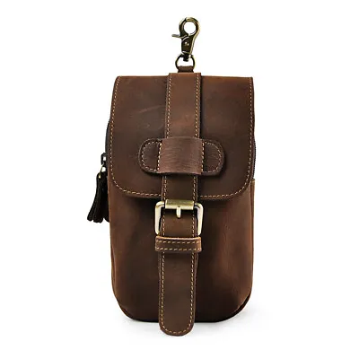 Men's Vintage Genuine Leather Cowhide Cell Phone Belt Pouch Hook Fanny Waist Bag • £26.39