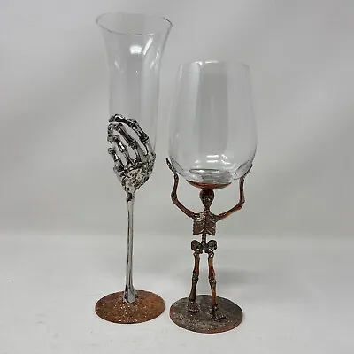 Pottery Barn Skeleton Hand Champagne Flute & Skeleton Wine Glass Halloween • $39.97