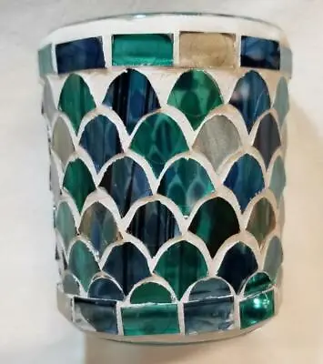 Yankee Candle Votive Holder FRESH OCEAN MOSAIC Cut Glass Blue Green & 2 Votives • $24.97