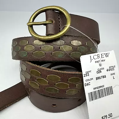 J. CREW Brown Leather Belt W/ Brass Buckle & Flat Studs Size-L WITH TAG • $17.99