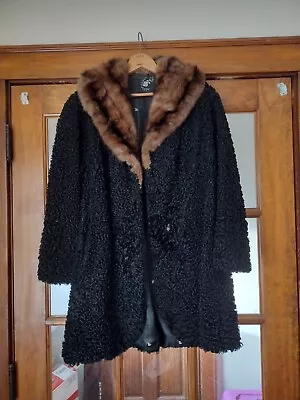 Vintage Black Poodle Swing Coat With Mink Collar - Real Lambskin  • $35