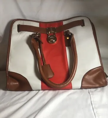 Michael Kors Hamilton Bag Large Mono Stripe Satchel Bag Red White Brown - Read • $19.87