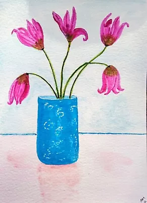 ORIGINAL WATERCOLOUR PAINTING:  Miniature Tulips In A Vase • $9.95