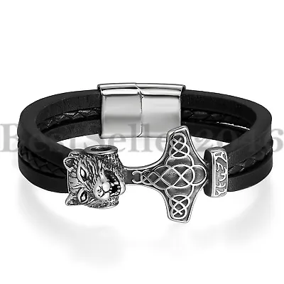 Men Viking Wolf Thor Hammer Bracelet Stainless Steel Leather Magnetic Cuff 8.5  • $12.99
