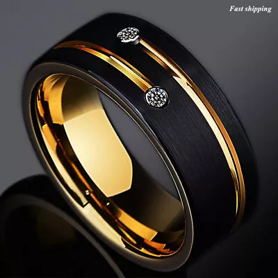 8mm Black Brushed Tungsten Ring Gold Grooved Line CZ Diamond VBFOT Men Band 5-15 • $14.99