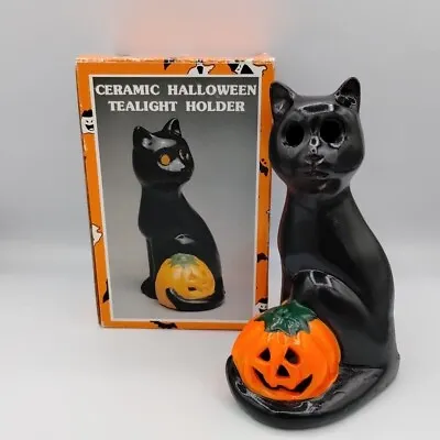 Vintage Halloween Black Cat Jack O Lantern Ceramic Tealight Holder Figurine • $15.29