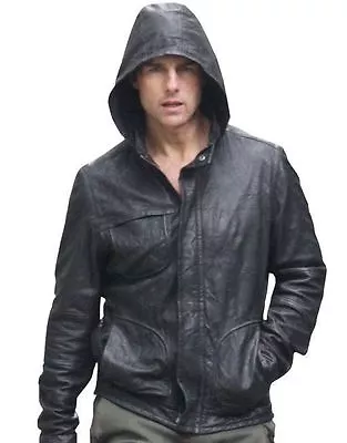 Ghost Protocol Mission Impossible Black Men's Hooded Movie Real Leather Jacket • $99.16