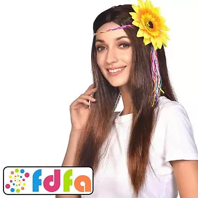 Amscan 1960s 60's Brown Hippie Wig With Headband Adults Ladies Fancy Dress • £12.49