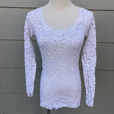 Moda International Women Lace Top Sz S White Floral Long Sleeve Semi Sheer Shirt • $7.99