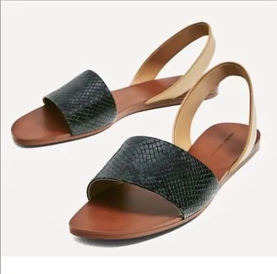 Zara  Black Snakeskin Sling Back Leather Sandals Green Nude Sz 38 7.5 • $22