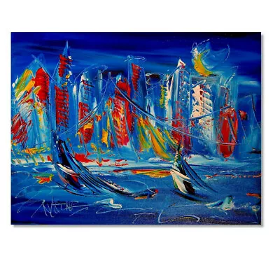 BLUE CITY  Mark Kazav  Abstract Modern CANVAS Original Oil Painting J8YU6 • $99