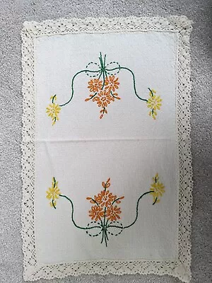 Vintage Hand Embroidered Lace Edged Tray Cloth • £3.50