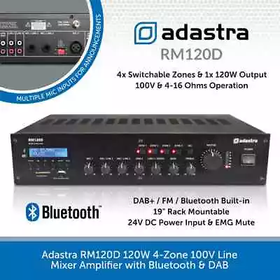 Adastra RM120D 100V Mixer Amp 120W With Bluetooth DAB Radio & 4-Zone Control • £246.99