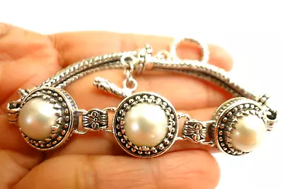 White Mabe Pearl Three Stone Ornate Statement 925 Sterling Silver Bracelet • $189