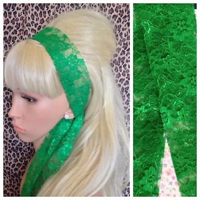 EMERALD GREEN LACE 50s VINTAGE STYLE HEADBAND HAIR SCARF SELF TIE BOW 80s RETRO • £3.99