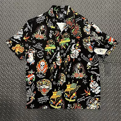 Ed Hardy Shirt Button Up Mens Medium All Over Graphic Tattoo Black NEW • $44.99