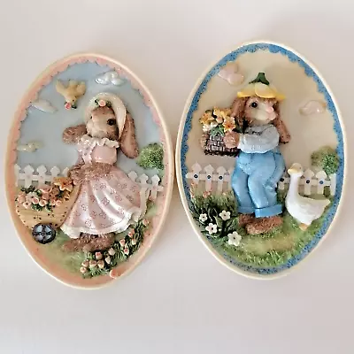 Pair 3D Wall Plaque Pictures Girl & Boy Rabbits Oval Baby Child Birthday Gift • £19.95
