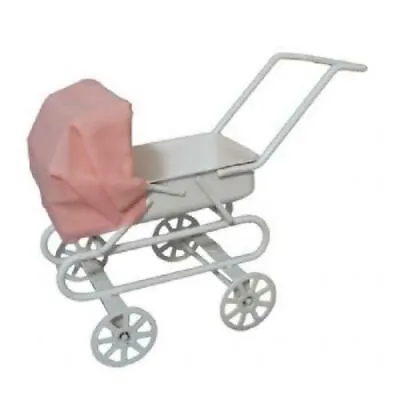 Dolls House White Baby Pram Pink Hood 1:12 Girls Miniature Nursery Furniture • $13.60