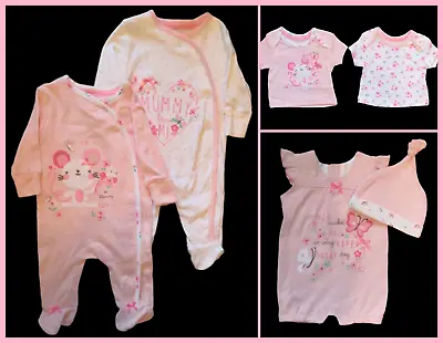 Baby Girls 2 Pack Sleepsuits Babygrows Tshirts Romper Sets 0-12 Months NEW • £5.99