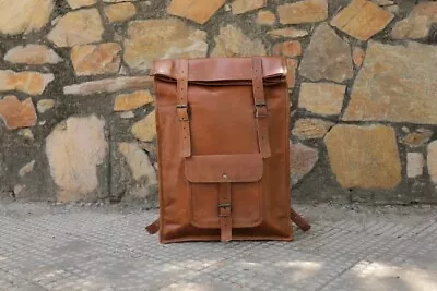 48  CM Genuine Leather Men's Backpack Bag Laptop Satchel Briefcase Brown Vintage • £48