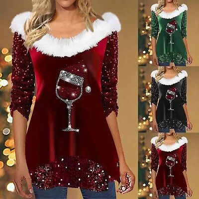 Womens Patchwork Sequin Tops Solid Casual Christmas Faux Fur V-Neck Blouse Shirt • $25.86