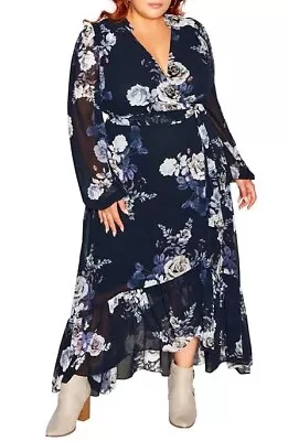 CITY CHIC - Size XS Or 14 Blue Floral Long Sleeve Arya Wrap Maxi Dress • $34.95