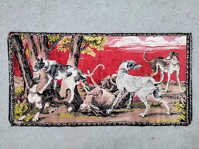 Vintage VELVET TAPESTRY Wall Hanging HUNTING DOGS+DEER 37x19 ANTIQUE Cabin/Lodge • $25