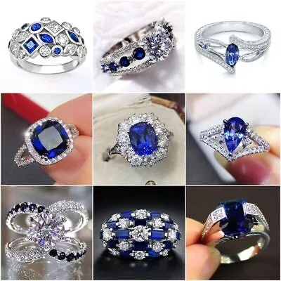 £3.70 • Buy 925 Silver Rings Women Blue Sapphire Engagement Wedding Jewelry Gifts Size 6-10