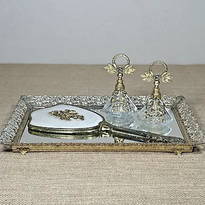 Matson Ormolu Vanity Set Hollywood Regency Hand Mirror Tray Perfume Bottles 4 Pc • $120