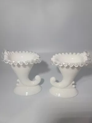 Vintage Fenton Milk Glass Silver Crest Cornucopia Candlestick Holders - A Pair • $99.99