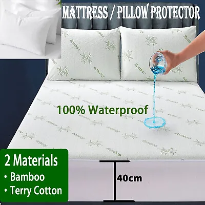 $31.49 • Buy Fully Fitted Pillow/ Mattress Protector Waterproof Bamboo/Terry Cotton Bed Cover