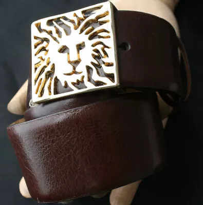 ANNE KLIEN Gold Lion Logo Buckle On Brown Leather Belt XS • $34.99