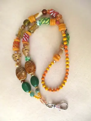 Lanyard Badge Holder African Krobo Beads Murano Glass Agate Crystals Wood • $33.99