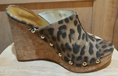 Michael Kors Belinda Mule Brown Leopard Suede Studded Cork Wedge Heels 9M • $89.99