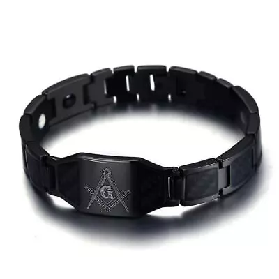 Men's Stainless Steel Carbon Fiber Magnetic Therapy Bracelet Free Mason Masonic • $14.99