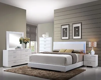 5 Piece Queen King Platform LED Lighted Bedroom Set In Glossy White Finish IABO • $1847.72