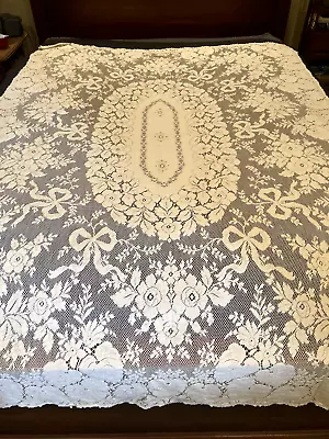 GORGEOUS Vintage Tablecloth Quaker Lace NO TAG Tan 84 X54  Floral Bows Lace • $19.99