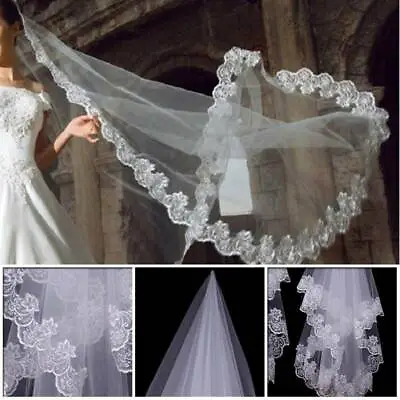 £4.43 • Buy 1.5m White Ivory Bridal Lace Applique Crystal Wedding Head Veils Bara Hot,+