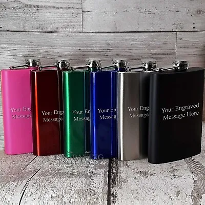 Engraved 8oz Green Red Blue Green Silver Black Pink Hip Flask Personalised FREE • £13.35