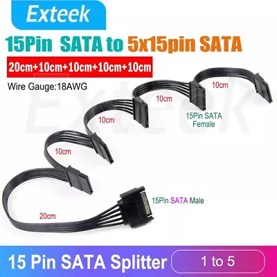 $12.95 • Buy 15 Pin SATA Power Y-Splitter Cable Adapter Extension 1 Male To 5 Female For HDD