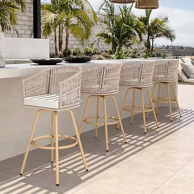 Set Of 4 Wicker Bar Stools Set Outdoor High Back Bar Counter Chairs W/ Cushions • $281.19