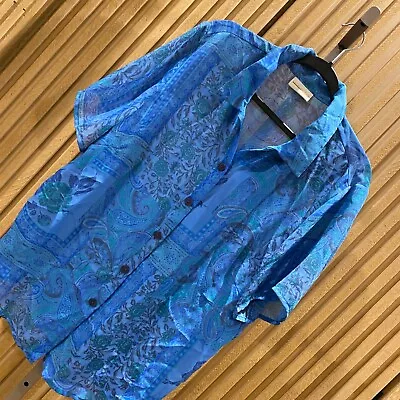 Vintage Expressions Shirt Women's Blue Floral Sheer Button Up Casual Ladies • $12.77