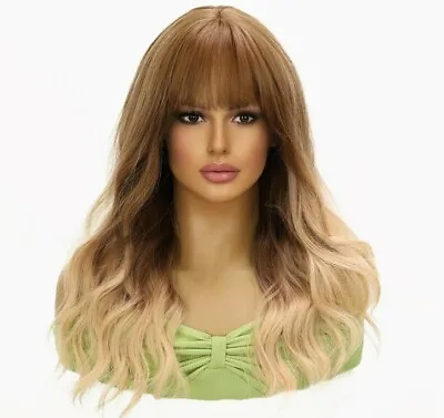 Wig - Human Hair Blend - Brown Blonde Ombre Balayage - Layers Bangs Natural Heat • $89